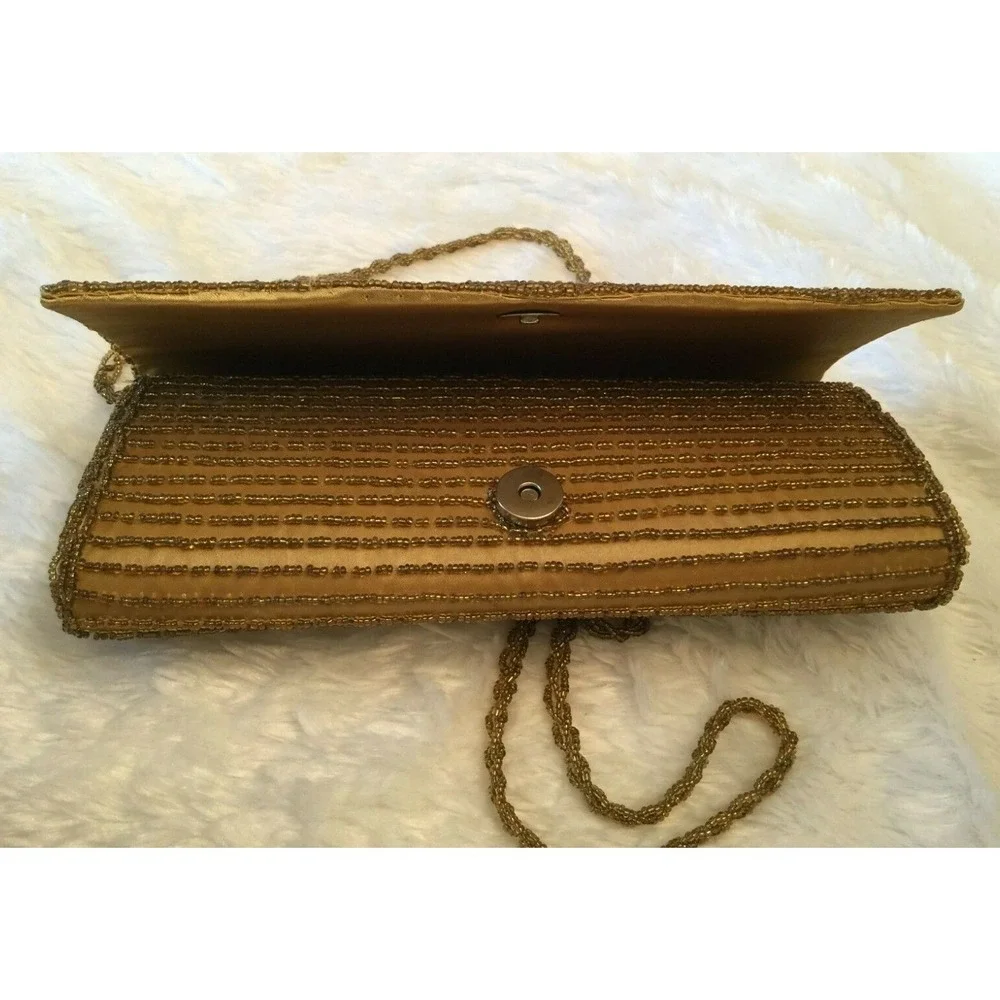 Bijoux Terner Womens Oblong Clutch Evening Bag Gold Sequin Micro‎ Beaded Floral_8